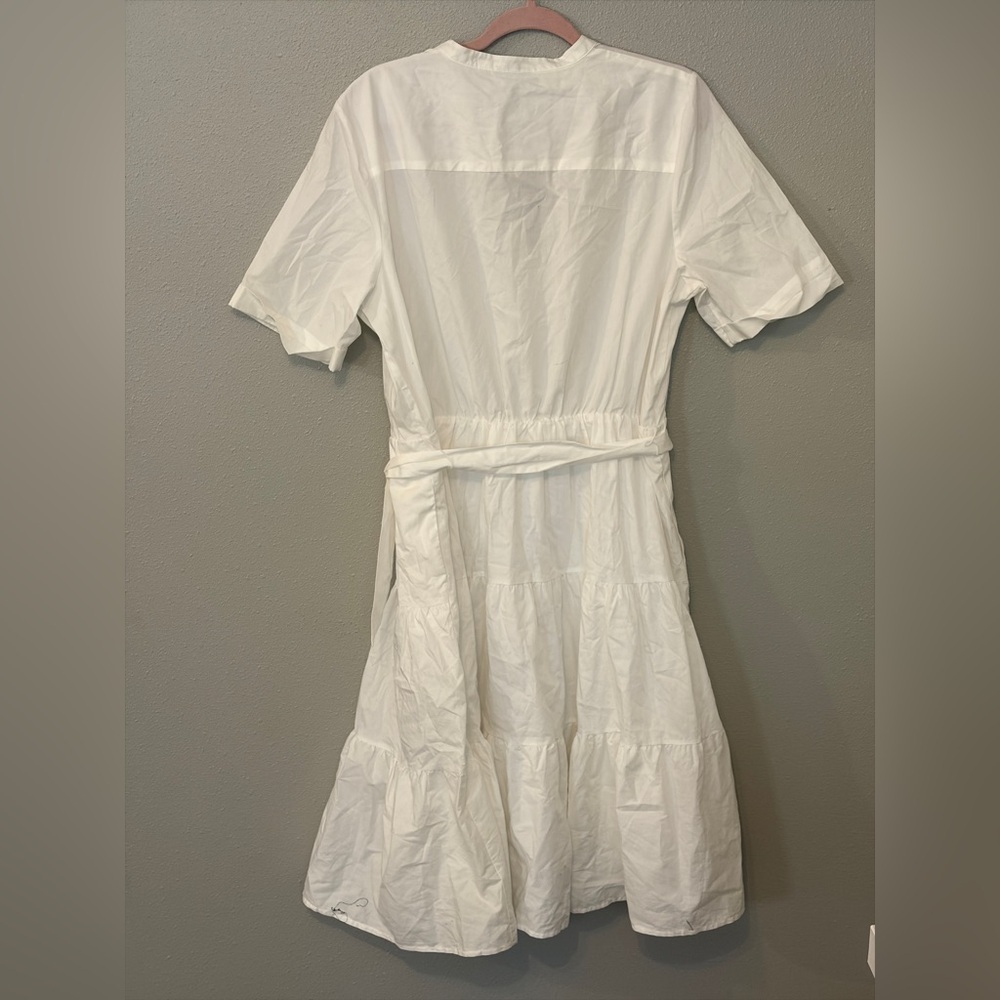 White cotton belted tiered midi vacation sundress short sleeve casual resortwear - Picture 5 of 6